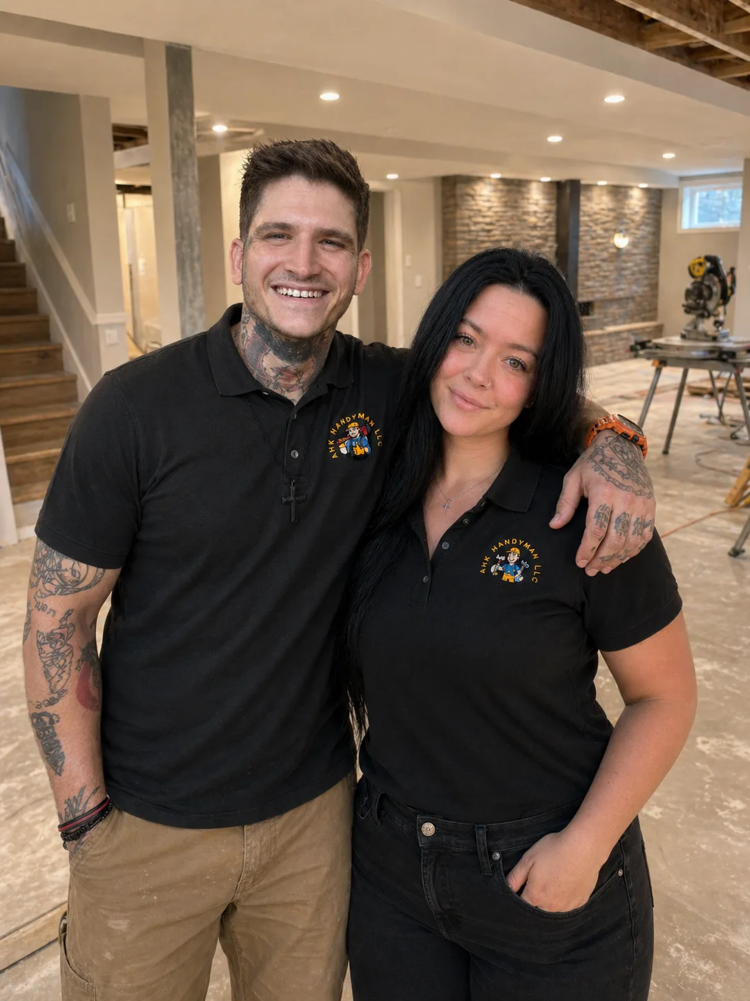 Kyle Foster and Haley Rountree, owners of AHK Handyman LLC, on a basement remodel job site in Colorado