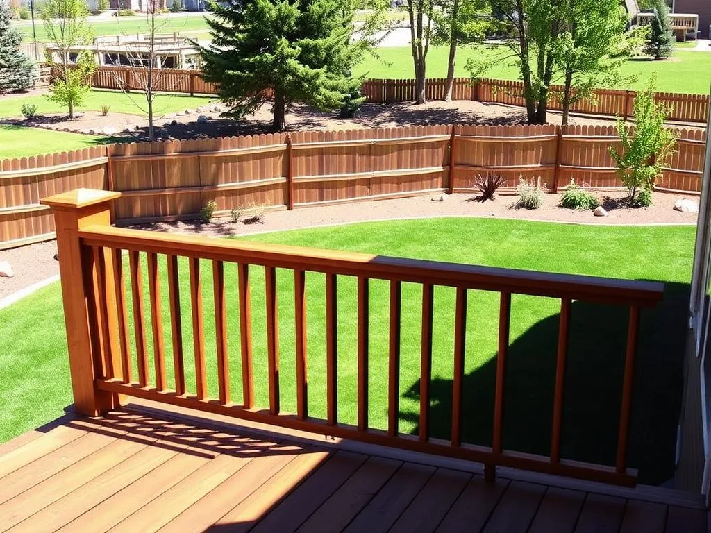 Beautiful wooden deck with railing overlooking a fenced backyard