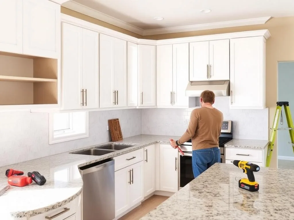 Kitchen remodel in progress with new cabinets and countertops