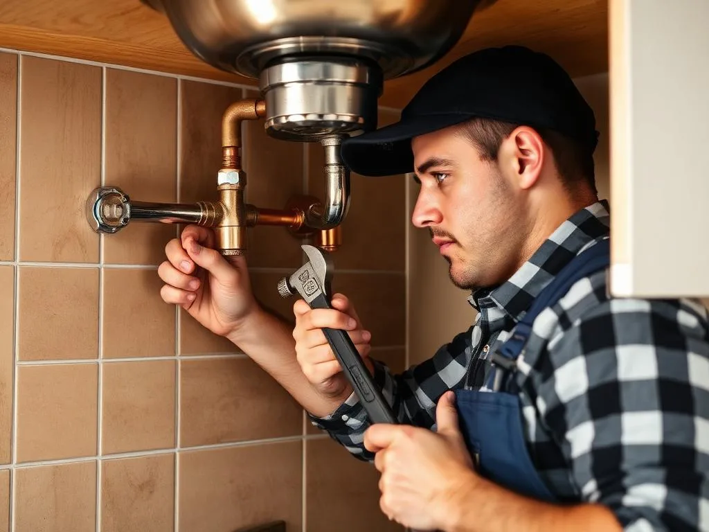 Professional plumber working under a kitchen sink